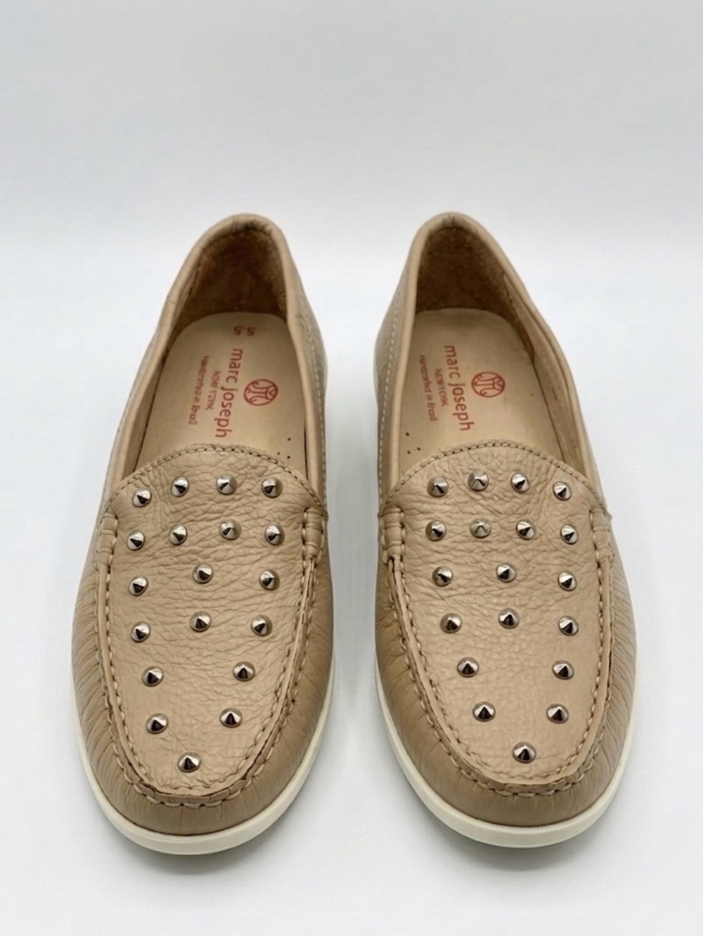 Marc Joseph New York Studded Tan Leather Loafers Handcrafted Brazil Women's 5.5